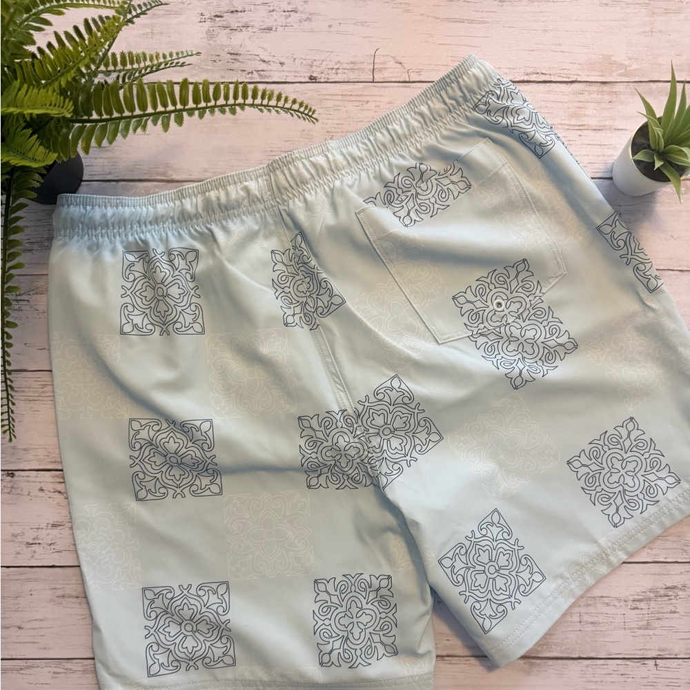 Old Navy - Light Blue Geo/Tile Print Swim Trunks w/ Drawstring + Mesh Lining – L - Picture 2 of 3